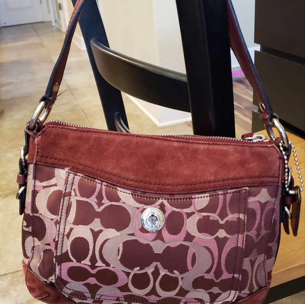COACH CHELSEA SIGNATURE MAROON leather -fabric  HANDBAG D04U- 7035